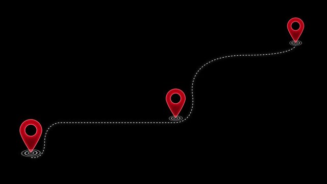Glowing neon red colorful location icon fast tracking map pin icon, Three location point connection with dash lines direction animation on black background animated. motion graphics, map visuals,