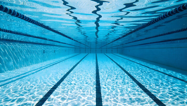 Underwater view of an empty swimming pool with clear blue water and lane markings