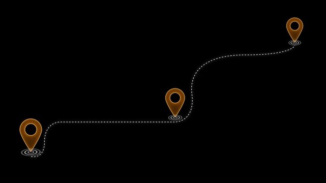 Glowing neon golden colorful location icon fast tracking map pin icon, Three location point connection with dash lines direction animation on black background animated. motion graphics, map visuals, .