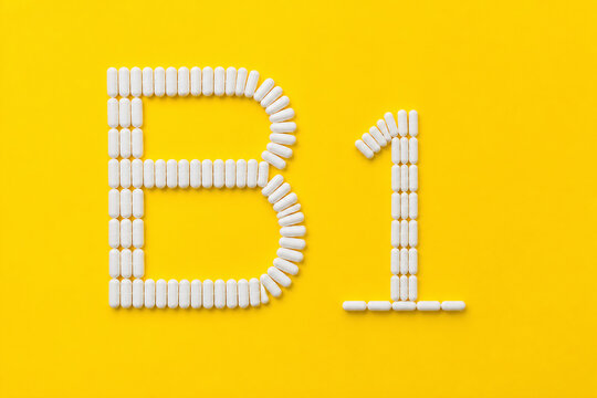 White pills are arranged to form the letters B1 on a bright yellow background.
