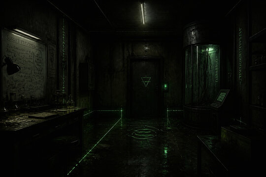 A dark, atmospheric interior room with cryptic markings and a glowing green light emanating from the floor.