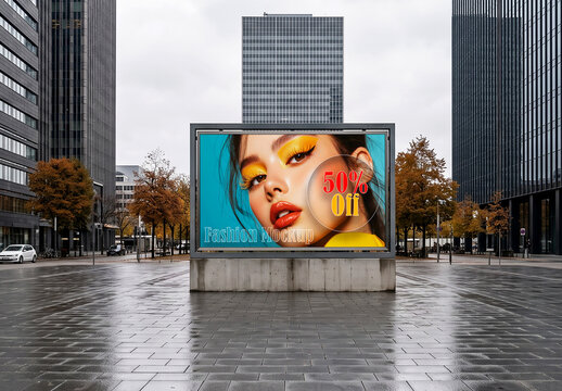 Horizontal billboard mockup on city street with skyscrapers