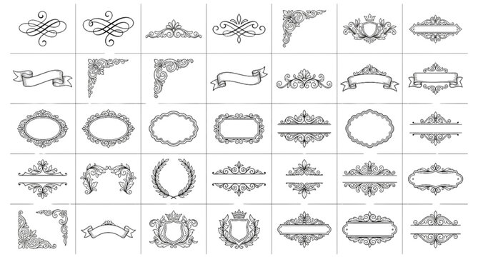Vintage Calligraphy Swirls and Floral Ornament Vector Set with Frames Banners and Scrolls