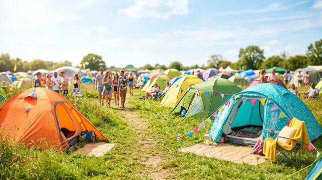 Colorful camping tents set up on grass during summer music festival  