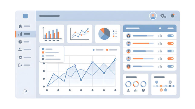 Modern minimalist user interface dashboard displaying business analytics and financial data visualizations with various charts and graphs for efficient data management and reporting