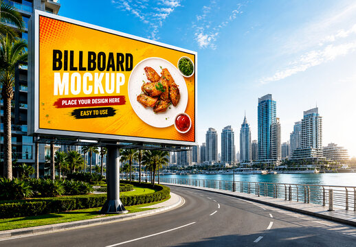 Horizontal Restaurant Billboard Mockup in Modern City Waterfront