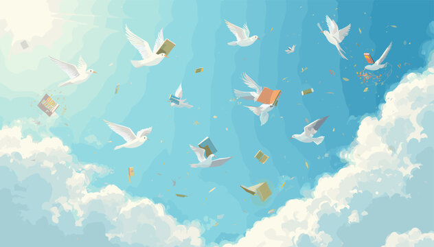 White doves flying freely in a bright blue sky with fluffy clouds, carrying and surrounded by floating colorful books, symbolizing freedom and knowledge.