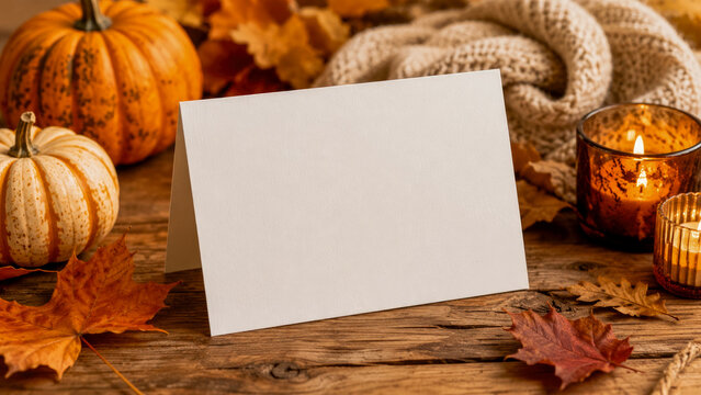 Blank white greeting card mockup placed on rustic wooden table surrounded by autumn pumpkins, fall leaves, cozy blanket and warm glowing candles for fall season themes