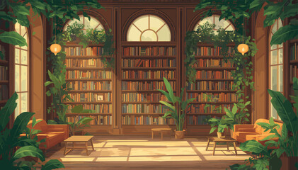 A sunlit, cozy library filled with lush green plants and towering bookshelves, creating a serene reading sanctuary. © Nak