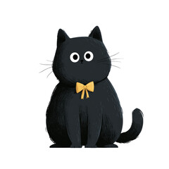 Fototapeta premium Cute Black Cartoon Cat with Yellow Bow Isolated on White