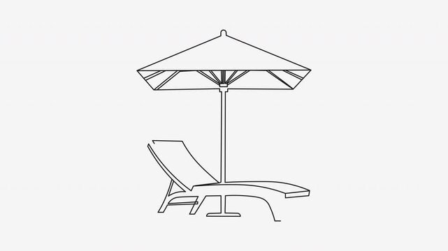 Continuous line drawing of beach chair with umbrella, summer vacation motion.