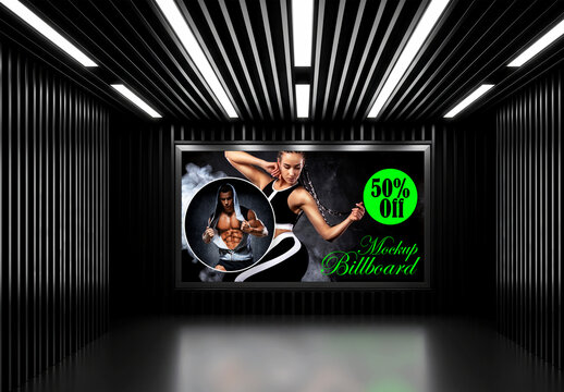 Large billboard mockup in futuristic dark hallway with lights