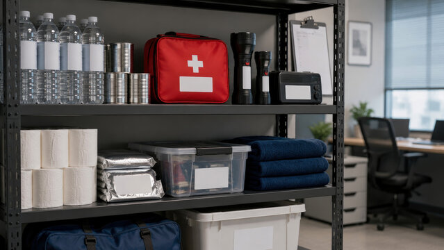 Emergency preparedness supply shelf featuring first aid kit, bottled water, canned goods, flashlights, radio, and essential survival gear stored in home or office setting.