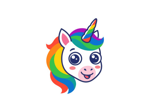 Half face portrait of a cute rainbow unicorn character on white background