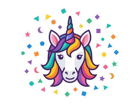 Half face unicorn illustration with colorful geometric shapes background