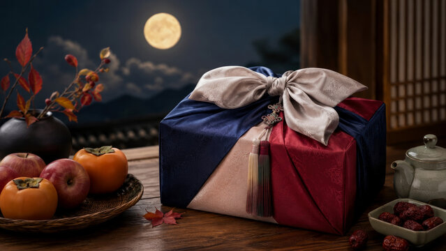 Traditional Korean Chuseok Gift Wrapped in Elegant Silk Bojagi Fabric with Seasonal Fruits and Full Moon View on Wooden Table for Festive Holiday Celebration