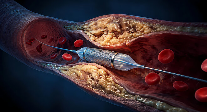 Close-up 3D rendering of angioplasty balloon catheter and stent expanding inside a blocked artery