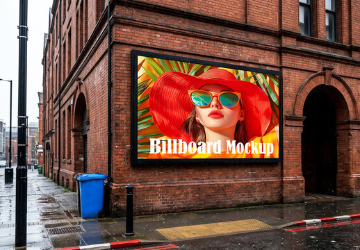Large outdoor billboard mockup on urban brick building wall