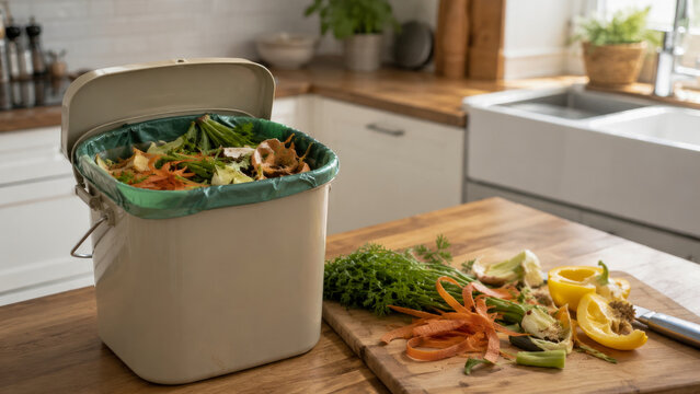 Modern kitchen countertop compost bin filled with organic vegetable scraps and food waste, showcasing eco-friendly practices and sustainable living habits in bright home interior.