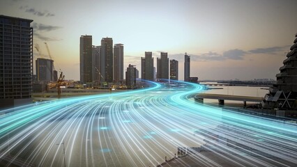 Digital data flow across a modern city symbolizes AI driven business growth, enterprise, smart infrastructure and innovation © TechAnimationStock