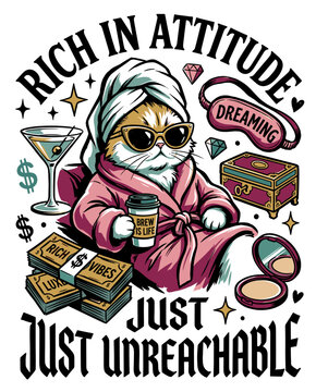Sassy cartoon cat illustration wearing a pink bathrobe and sunglasses, holding coffee among luxury items like money and diamonds, featuring bold text Rich in Attitude and Just Unreachable.