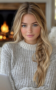 Beautiful young woman with blonde hair and freckles wearing cozy grey sweater, sitting comfortably indoors with warm, glowing fireplace in soft-focus background.