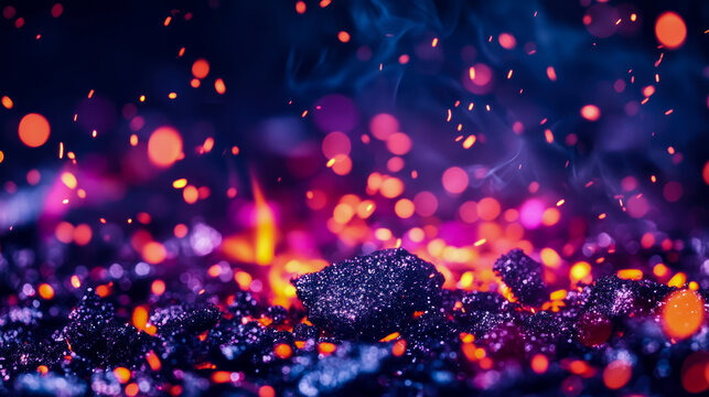 Abstract background featuring glowing orange embers and dark charred coals floating in magical purple haze with beautiful bokeh light particles and atmospheric fire smoke textures