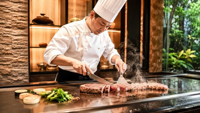 Master Chef at Work skilled Japanese chef in traditional uniform meticulously prepares a succulent rack of ribs on a hot teppanyaki grill, surrounded by fresh ingredients and a hint of steam.