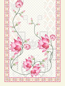 Elegant half-panel dupatta print layout. Fresh summery design featuring painted pink lotus flowers and delicate vines on a subtle geometric jaali background for dress material.