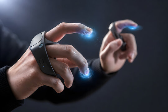 Close up of hands using virtual reality finger controllers with blue haptic light glow.