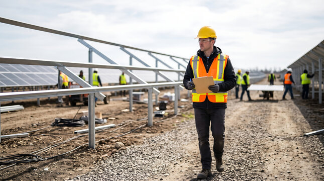 Male construction supervisor wearing safety vest and hardhat holding a clipboard while inspecting an outdoor solar panel installation site with laborers working in background