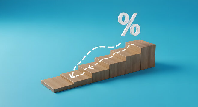 Wooden stairs with a percentage sign at the top and a dashed arrow indicating a downward trend.