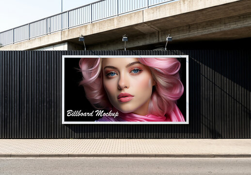 Outdoor billboard mockup on black slatted street wall