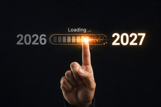 Finger touching virtual screen to load 2027 from 2026 on dark background.