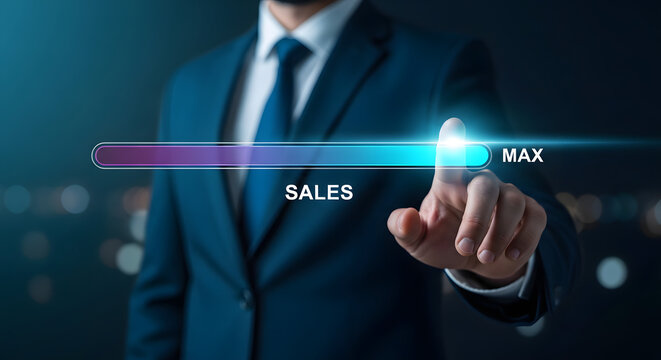 Businessman's finger touching a progress bar indicating maximum sales performance, symbolizing business growth and success.