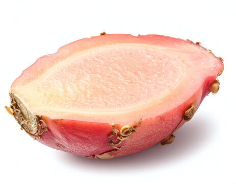 A juicy cross section half of a fresh exotic pink wax apple jambu fruit isolated on a white background