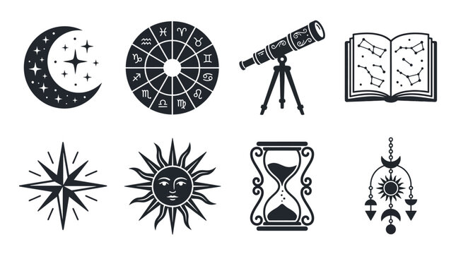 Crescent Moon with Stars and Zodiac Wheel Grid Asset Sheet for Modern Cosmic Spirituality Astrology Layouts