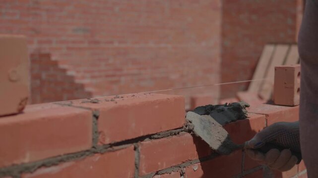 Close-up of a construction worker gloved hands, laying red bricks with wet cement. Professional bricklayer at the construction site.
