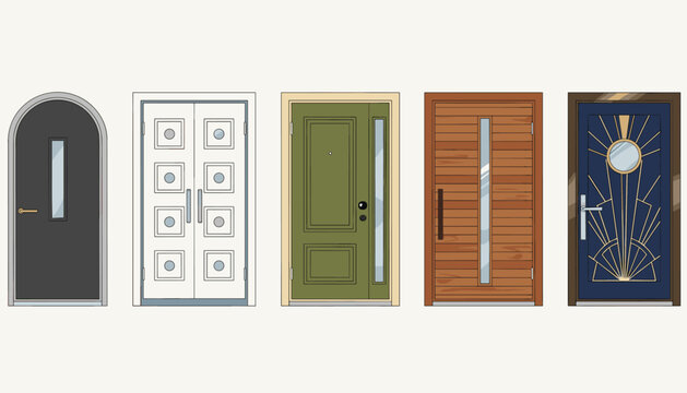 Five different stylish house front doors ranging from minimalist and classic styles to elegant modern designs.