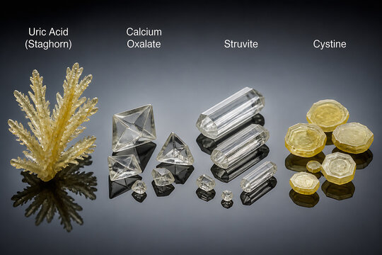 Various mineral specimens, including Uric Acid (Staghorn), Calcium Oxalate, Struvite, and Cystine, are displayed on a dark surface.