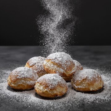 Cream puffs receiving dusting of powdered sugar