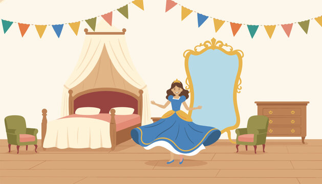 Beautiful cartoon princess in a blue gown dancing joyfully in her elegant royal bedroom featuring a canopy bed.