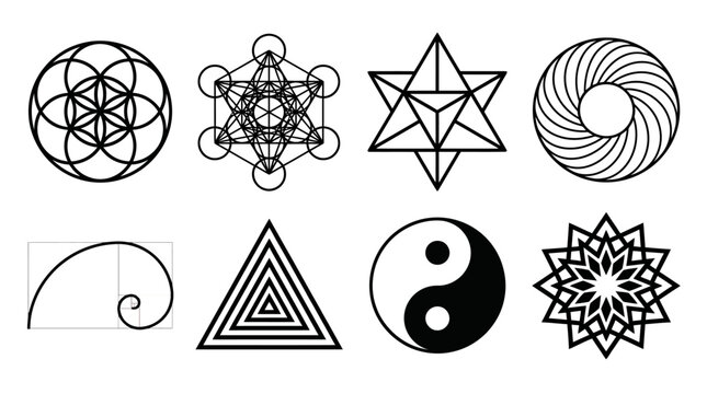 Flower of Life and Metatron Cube Grid Asset Sheet for Minimalist Sacred Geometry Cosmic Vector Wall Art