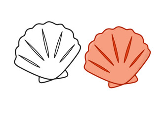 A preschool-friendly digital asset showcasing a classic fan-shaped scallop bivalve shell, displaying a solid black coloring outline template on the left and a soft peach-pink colored illustration. © Crazy Monday Studio