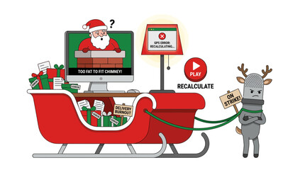 Santa Claus struggles with chimney fitting on computer, reindeer on strike © Beng