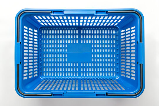Overhead view of a vibrant blue  plastic shopping basket on png, shopping basket, blue basket, plastic basket, store basket, supermarket, shopping container, retail, grocery, market, container