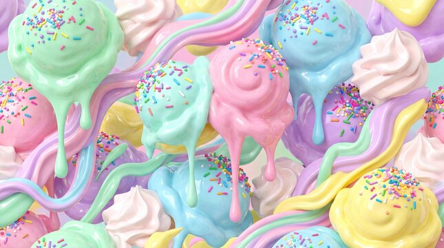 Melting pastel ice cream abundance in a repeating seamless background pattern.