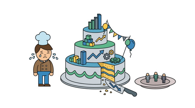 Sad Chef Crying Over Business Growth Cake with Analytics and Statistics