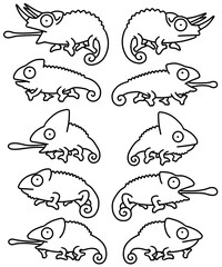 いろいろなカメレオンの線画イラストセット © がんも