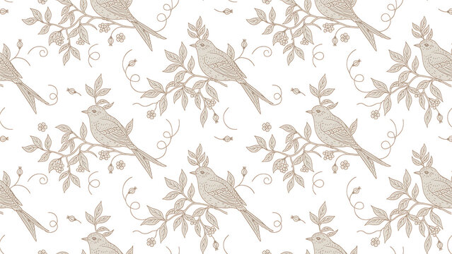 Vintage seamless pattern with birds sitting on floral branches, seamless